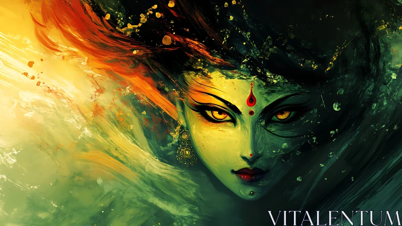 Mystical goddess face with fiery hair in swirling colors.