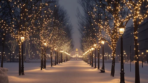 Snow covered boulevard with symmetrical winter tree lights at dusk