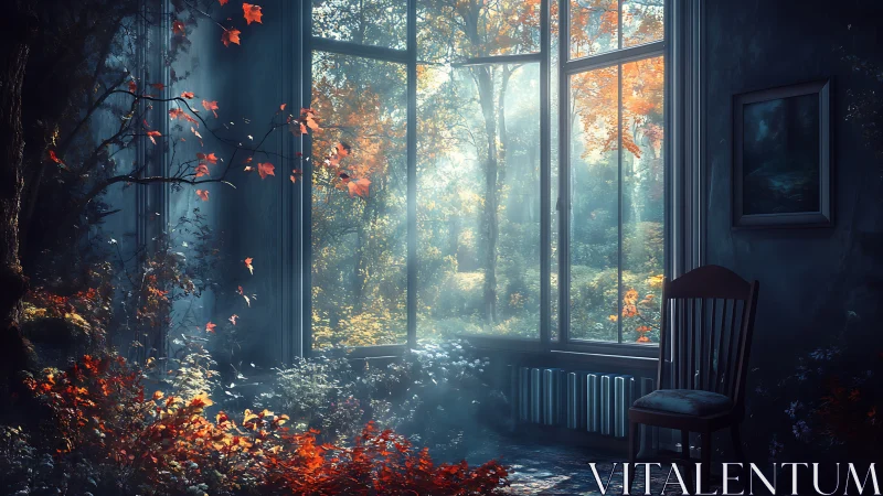 Autumn forest light flooding abandoned window interior scene.