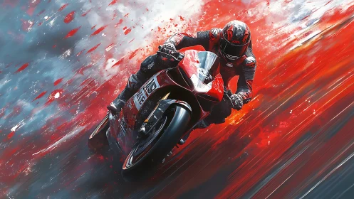 Racing motorcycle surges forward in a rush of blazing color