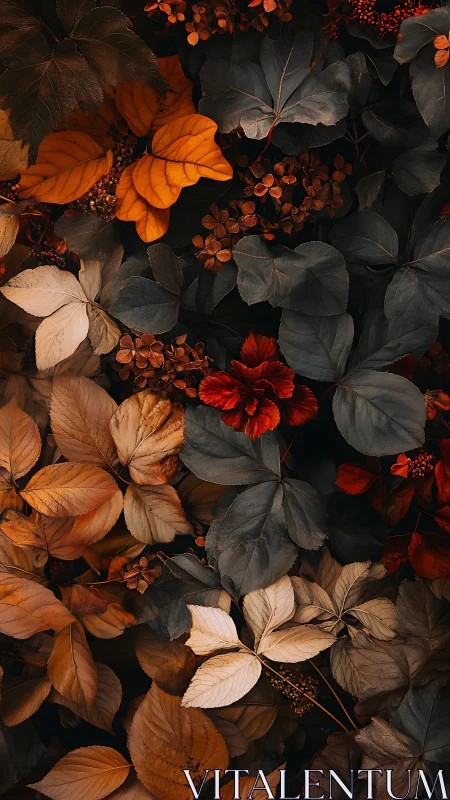 Autumn foliage pattern with rich orange and dark leaves.
