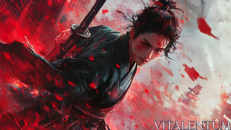 Bloodstained samurai lunges forward through crimson storm