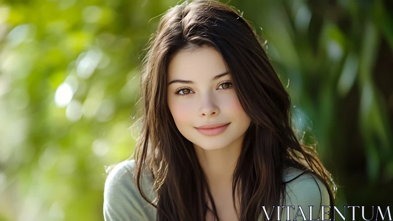 Warm-eyed brunette smiling softly in sunlit garden portrait.
