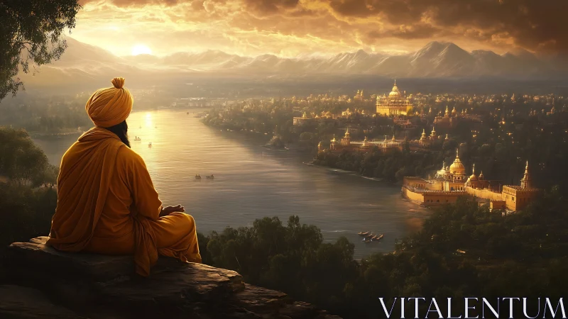 Solitary robed figure overlooks golden riverside temple city at dusk