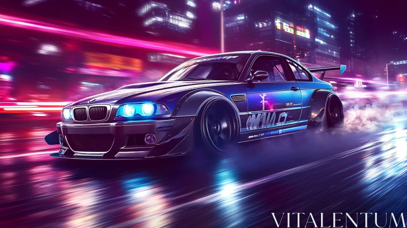 Neon-soaked BMW drift machine under cybernetic city lights.