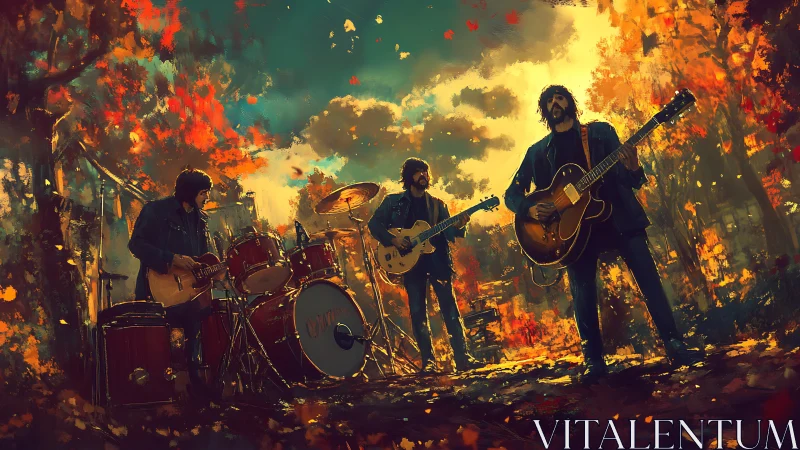 Indie rock band performs amid glowing autumn forest light