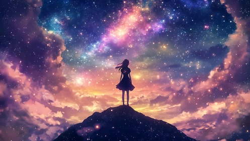 Girl stands on a twilight peak beneath a radiant cosmic sky