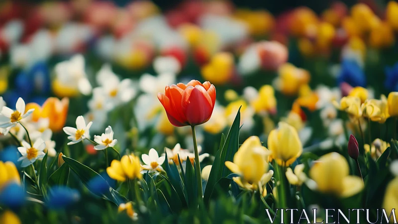 Scarlet Tulip Commands Spring's Multicolored Gathering With Radiant Presence