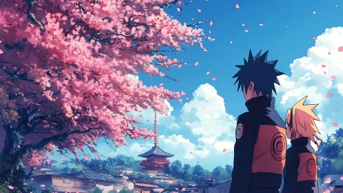 Anime duo beneath blooming cherry blossoms in springtime village.