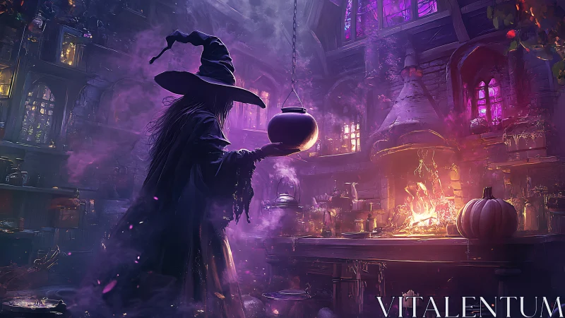 Solitary witch brews glowing potion inside misty arcane kitchen