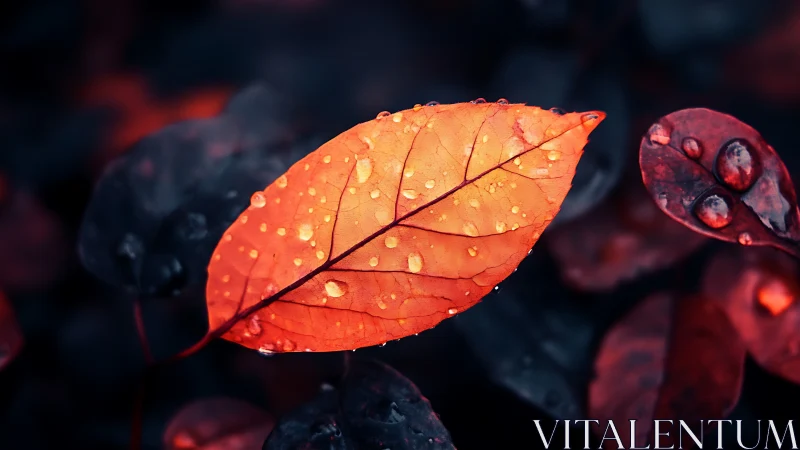 Single orange leaf with raindrops on dark blurred foliage.