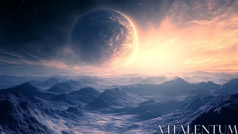 Alien ice landscape unfolds beneath colossal rising planet