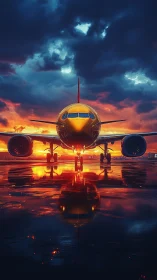 Photorealistic jetliner at dusk with mirrored runway reflections.