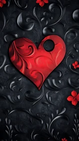 Crimson Heart with Baroque Flourishes on Textured Obsidian Surface
