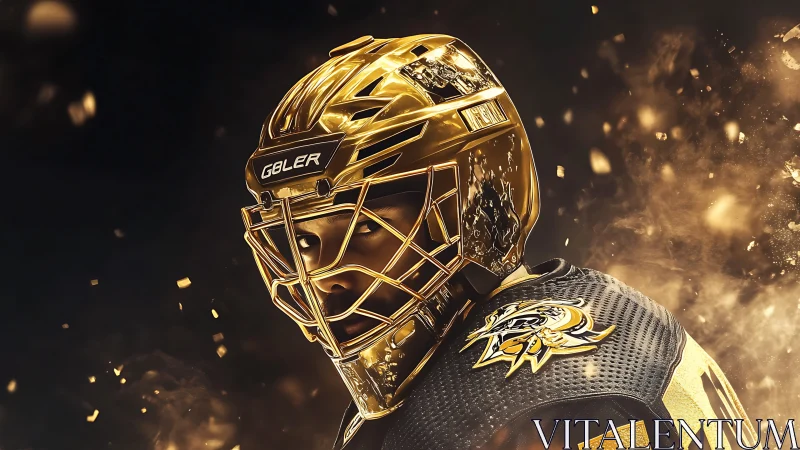 Golden hockey goalie poised in a storm of glowing sparks.