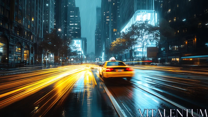Neon rain sprint with a yellow taxi carving light rivers.