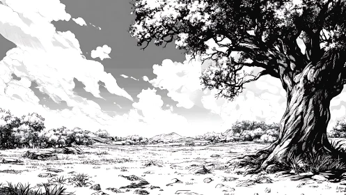Ancient tree commands a sunlit plain beneath towering clouds