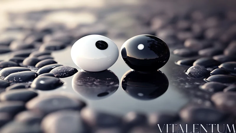 Yin yang spheres mirrored on wet pebbles in shallow focus