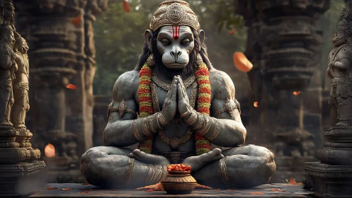 Serene Hanuman statue rests in prayer within an ancient temple