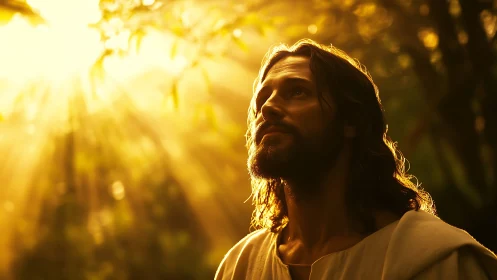 Man in golden forest light gazes upward in contemplation.