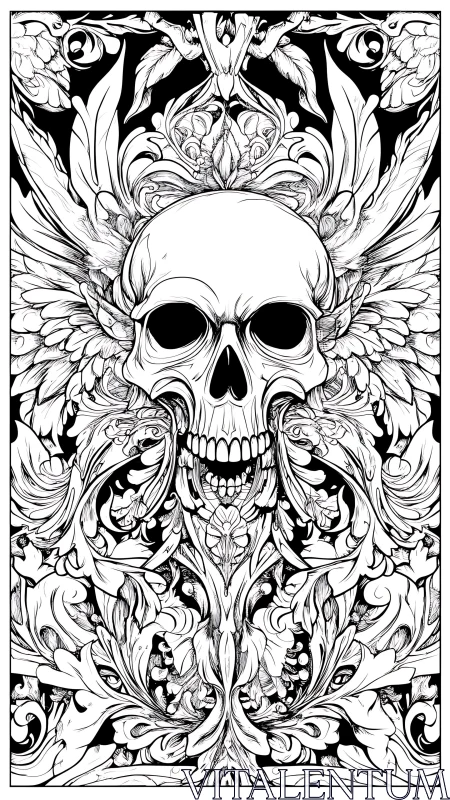 Ornate skull rests among swirling floral and feathered patterns