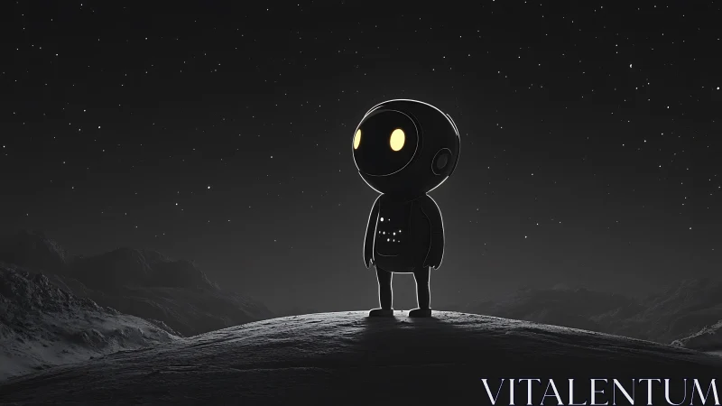 Stargazing robot silhouette under a vast lunar night sky.