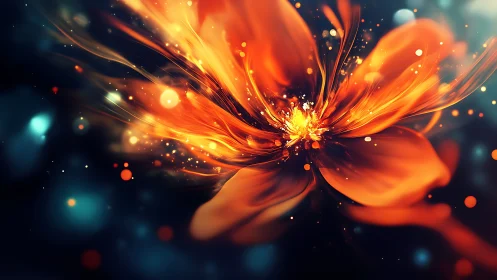 Fiery abstract flower bursts across deep teal void.