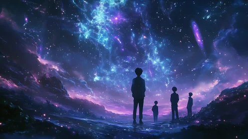 Stargazing friends under a glowing cosmic dream sky.