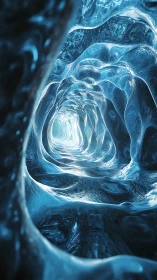 Glowing icy tunnel twists into an abstract crystalline void.