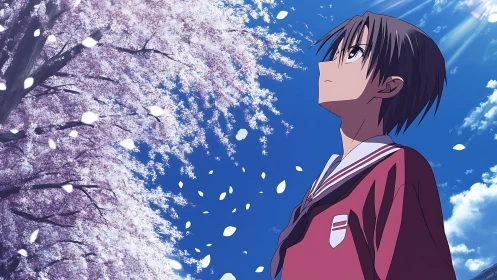Springtime anime student under cascading cherry blossoms sky