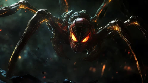 Bio-mechanical spider hybrid with glowing masked visage.