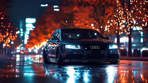 Midnight Audi sedan on neon-lit wet urban boulevard.