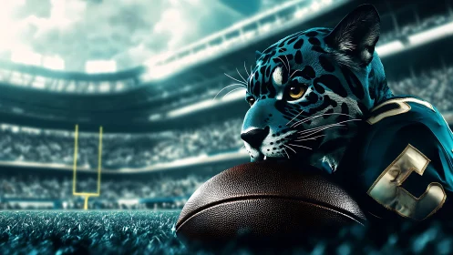 Jaguar mascot in football gear guarding ball on field.