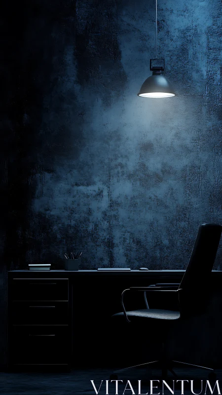 Solitary lamp carves a quiet blue sanctuary above the desk