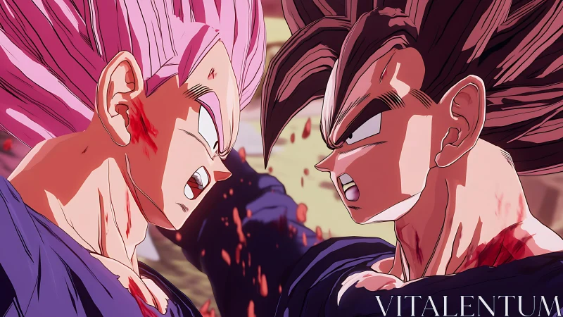 Anime duel close-up with dynamic lighting and blood effects.