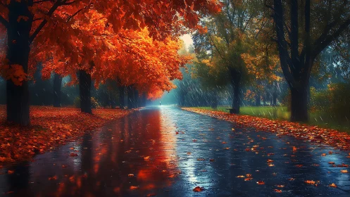 Rain-washed autumn avenue glows under fiery red foliage.