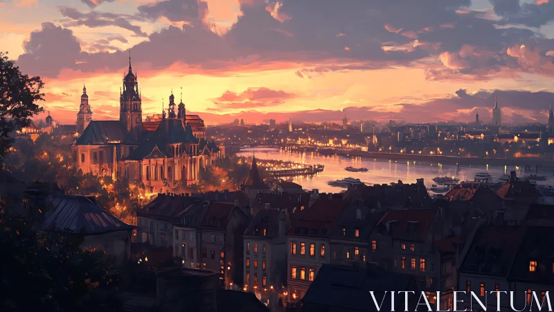 Twilight riverside cityscape with glowing cathedral silhouettes.