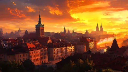 Radiant neo-baroque skyline under volumetric sunset field.