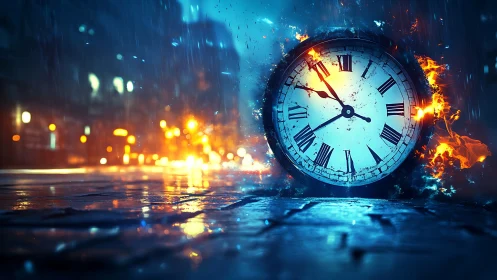 Midnight clock burning bright in rain-soaked city street.