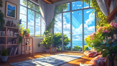 Sunlit reading nook opens gently onto a bright ocean view