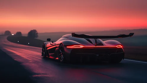 Sleek supercar gliding into a glowing sunset horizon.
