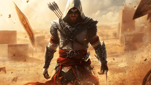 Hooded desert assassin striding through swirling sandstorm.