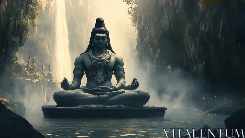 Large meditative deity statue in misty canyon landscape.