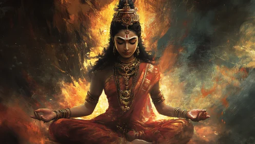 Fire crowned meditator seated in molten twilight calm.
