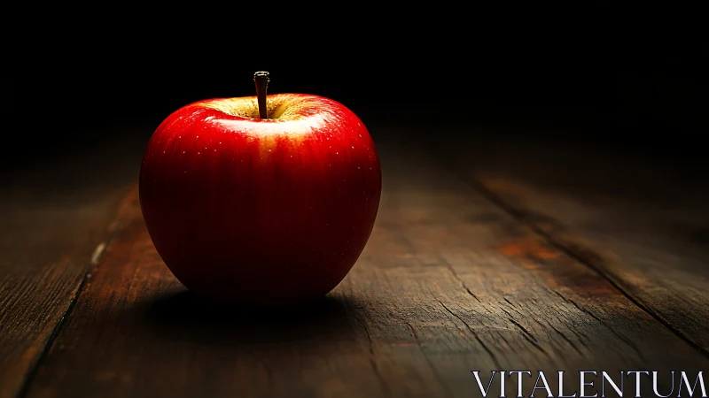 Low-key still life of red apple on rustic wooden table.