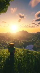 Voxel landscape sunrise with blocky character observer.