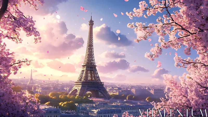 Eiffel Tower spring panorama framed by vivid cherry blossom