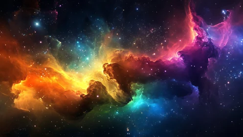 Multicolored nebula structure extends across dense star field