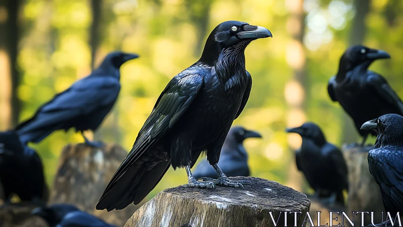 Majestic Raven Flock on Tree Stumps in Sunlit Forest Setting.