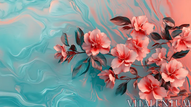 Fluid abstraction merges with blooming florals in cyan and coral palette